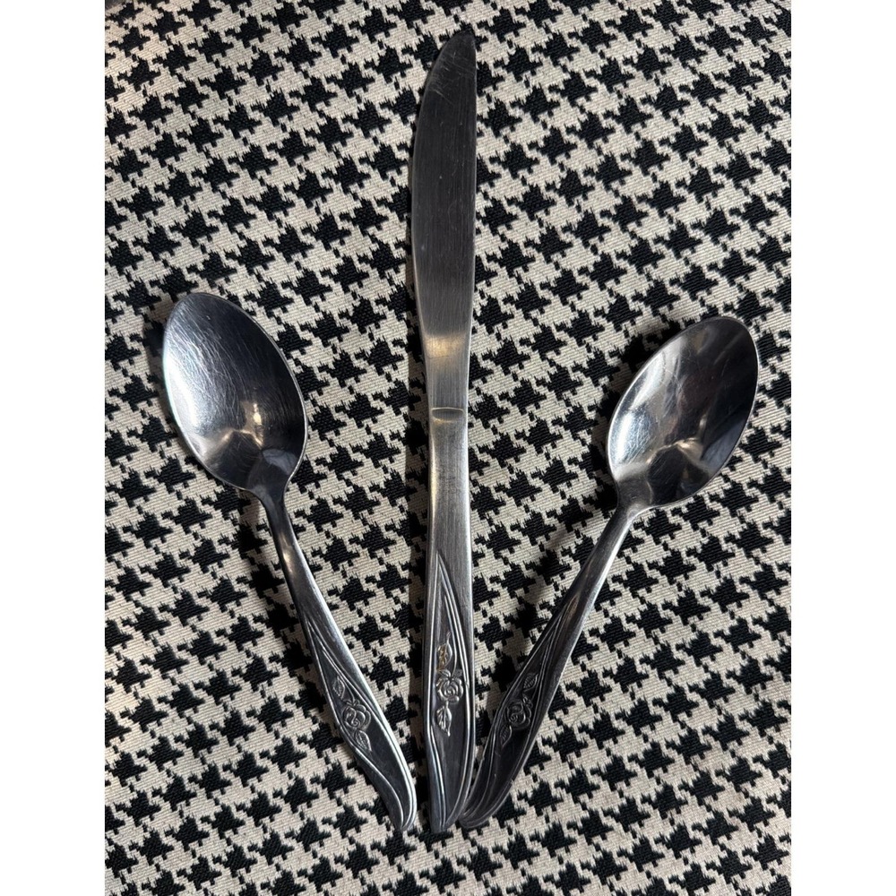 Utica Stainless China Cameo Rose Flatware 2 Spoons 1 knife, Lot 3, Vintage MCM